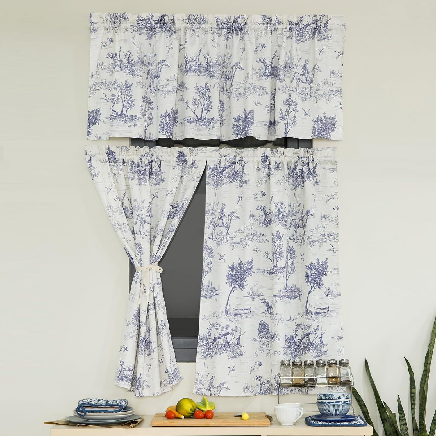 Rustic Kitchen Window Curtain Set of 3 Classic French Village Blue Toile Printed