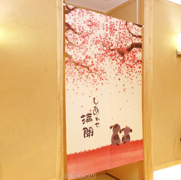 Cherry Blossom Puppy Dog Art Split Panel Doorway Curtain Door Hanging Tapestry