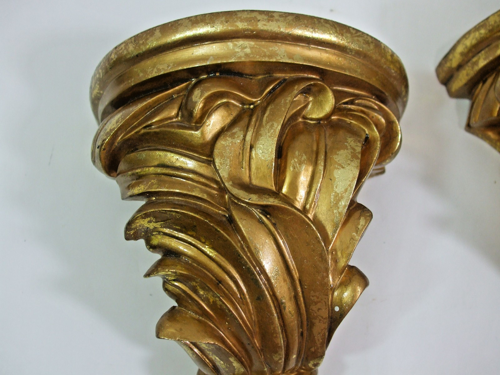 2 Drapery Curtain Rods Brackets Holders Gold Paint Resin Wall Sconce Swag 7.5″ H
