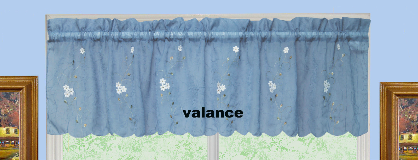 Daisy Embroidery Kitchen Curtain Valance Tiers or Swags BLUE Creative Linens