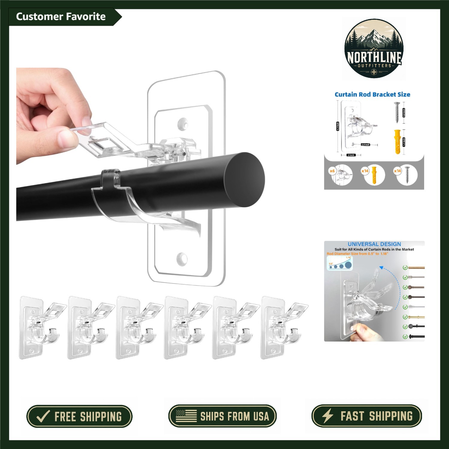 Multipurpose Adhesive Curtain Rod Holders – 6 Pack for Easy, No Damage Setup