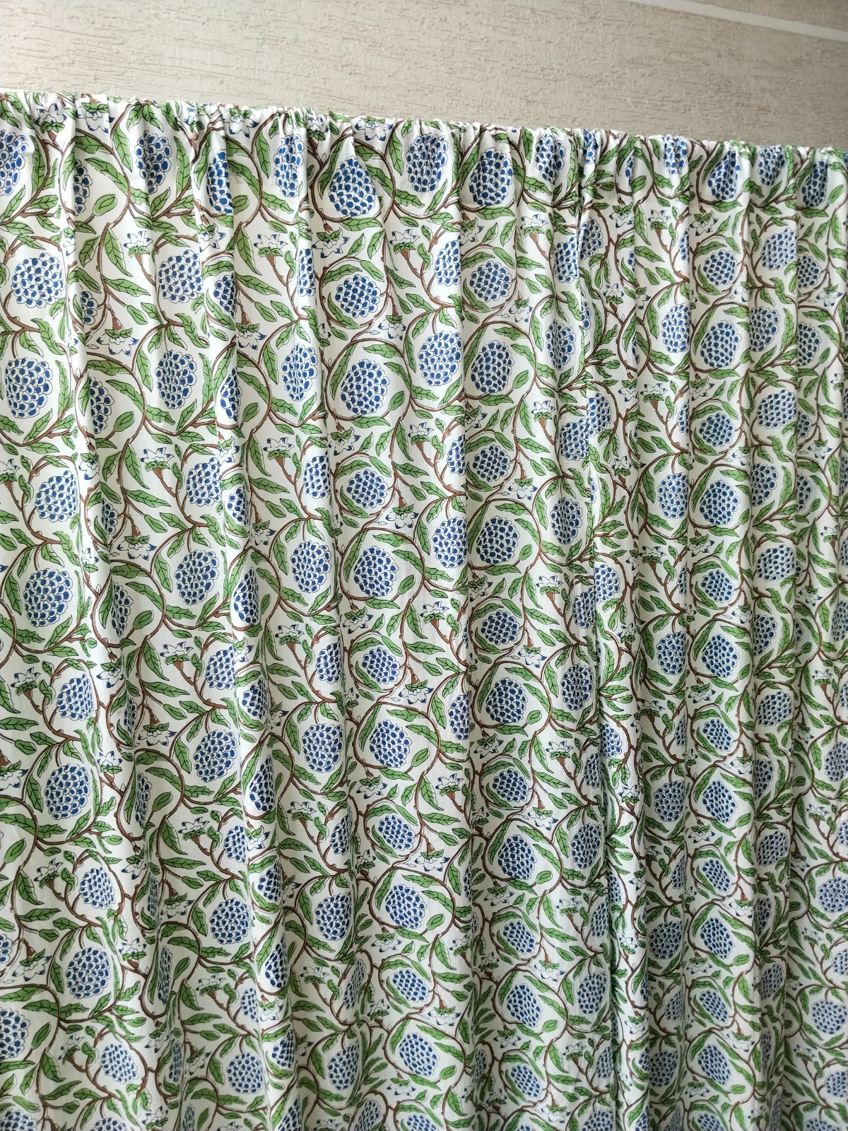 Hand Block Print Cotton Curtain Set, Blue Floral Boho Drapes
