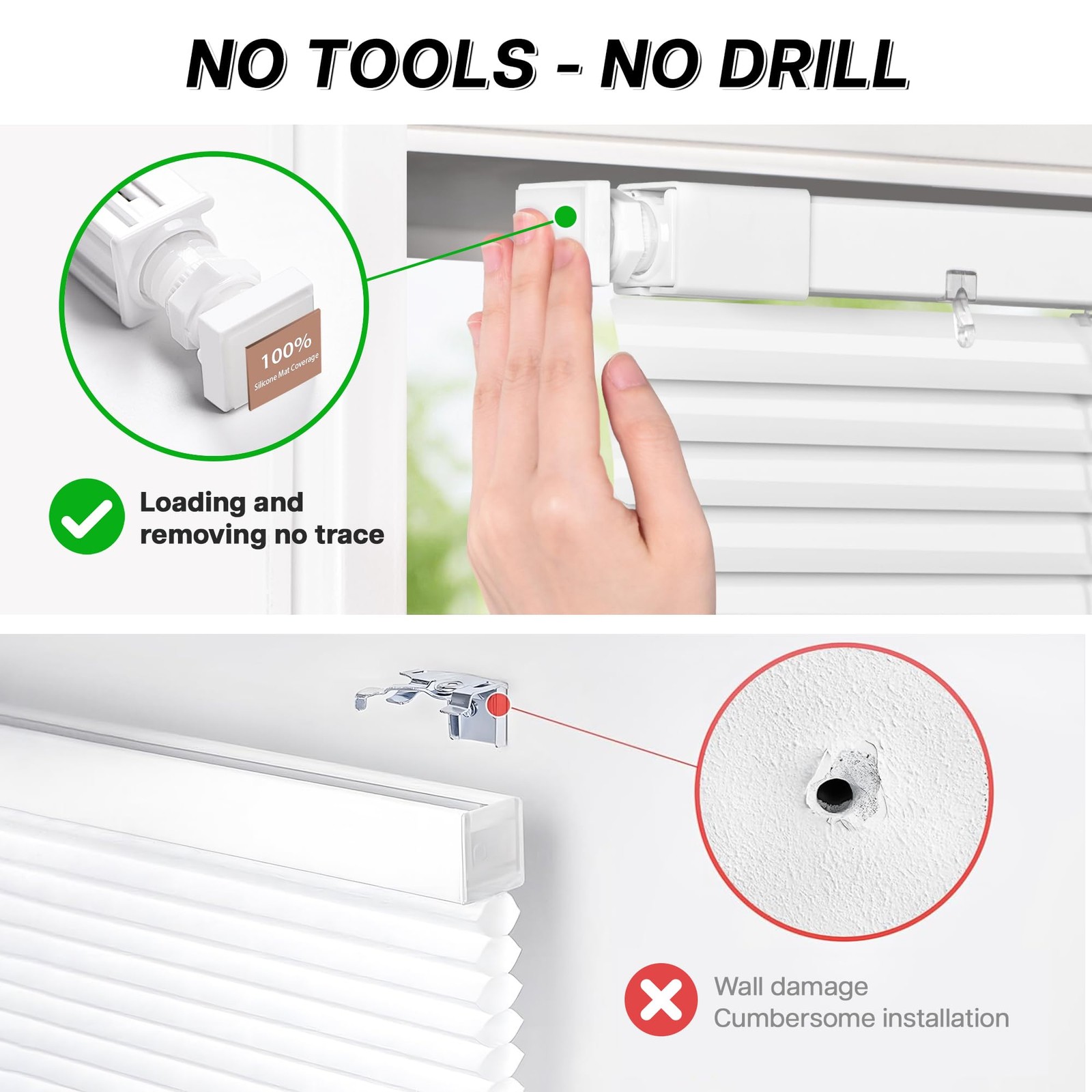 No Drill Cordless Mini Blinds, White 29″x48″