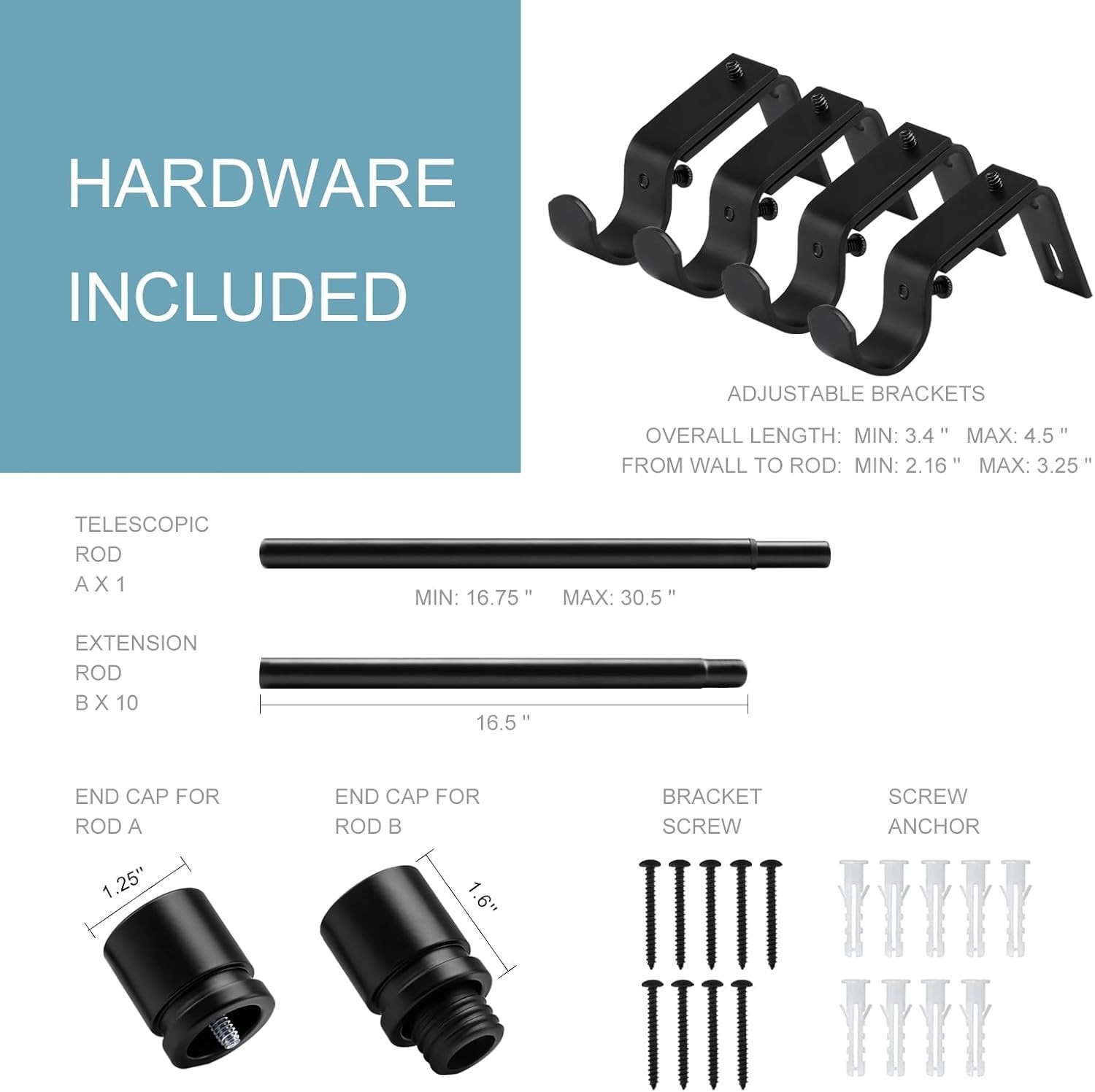 Curtain Rods for Windows 16 to 170 Inches Adjustable Length 1 Inch Diameter W…