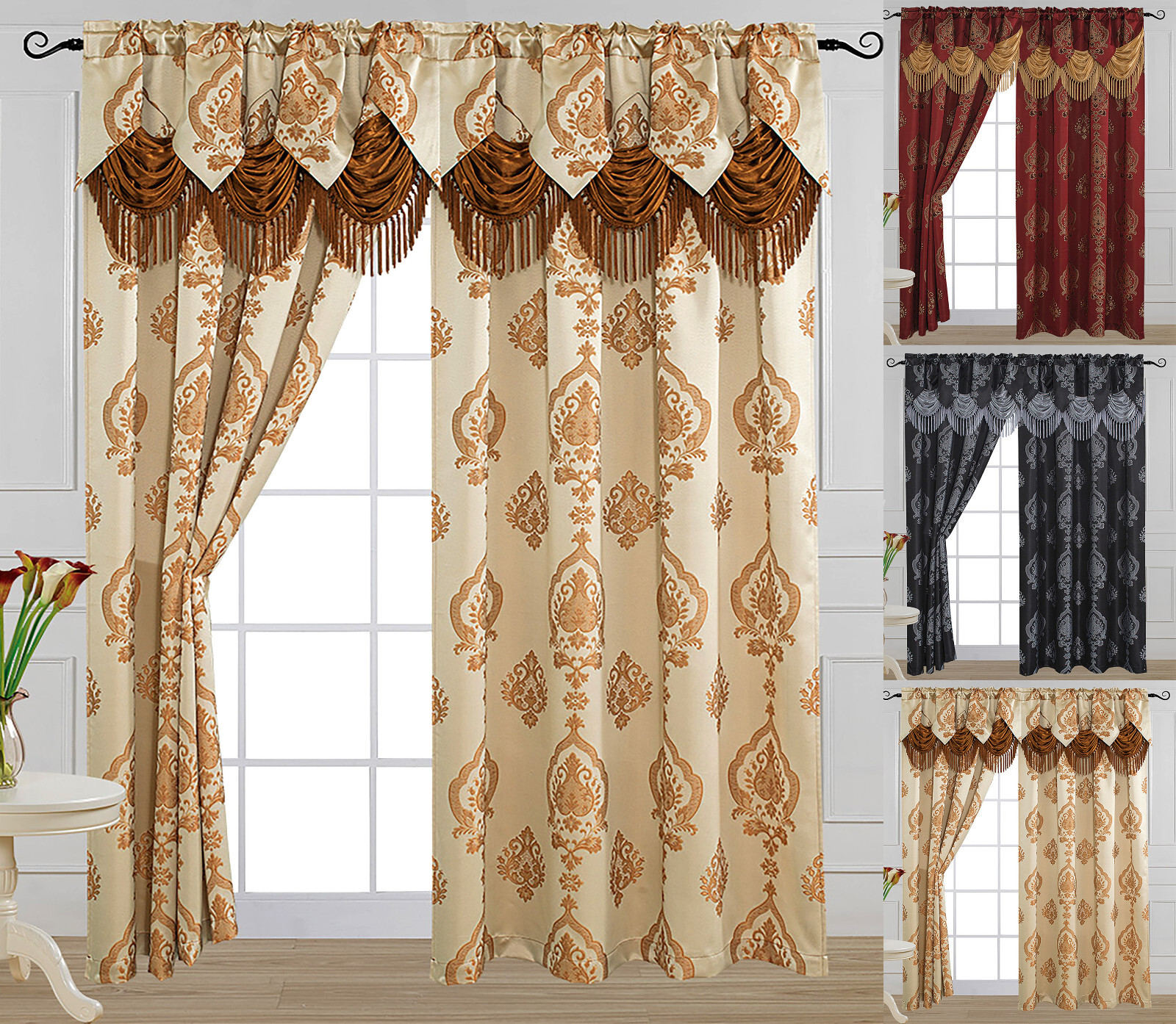 Alexa Luxury Jacquard Curtain Panel with Attached Waterfall Valance 54″ X 84″