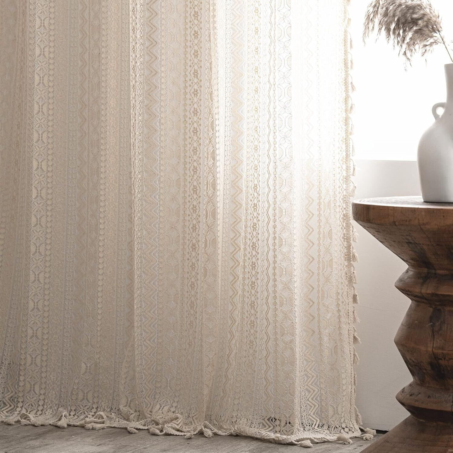 Rustic Crochet Lace Curtain Panels Window Drapes Bedroom Living Room Rod Pocket