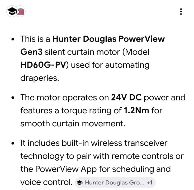 Hunter Douglas Gen 3/Kirsch silent Drapery Motor -HD60G-PV with POWER SUPPLY