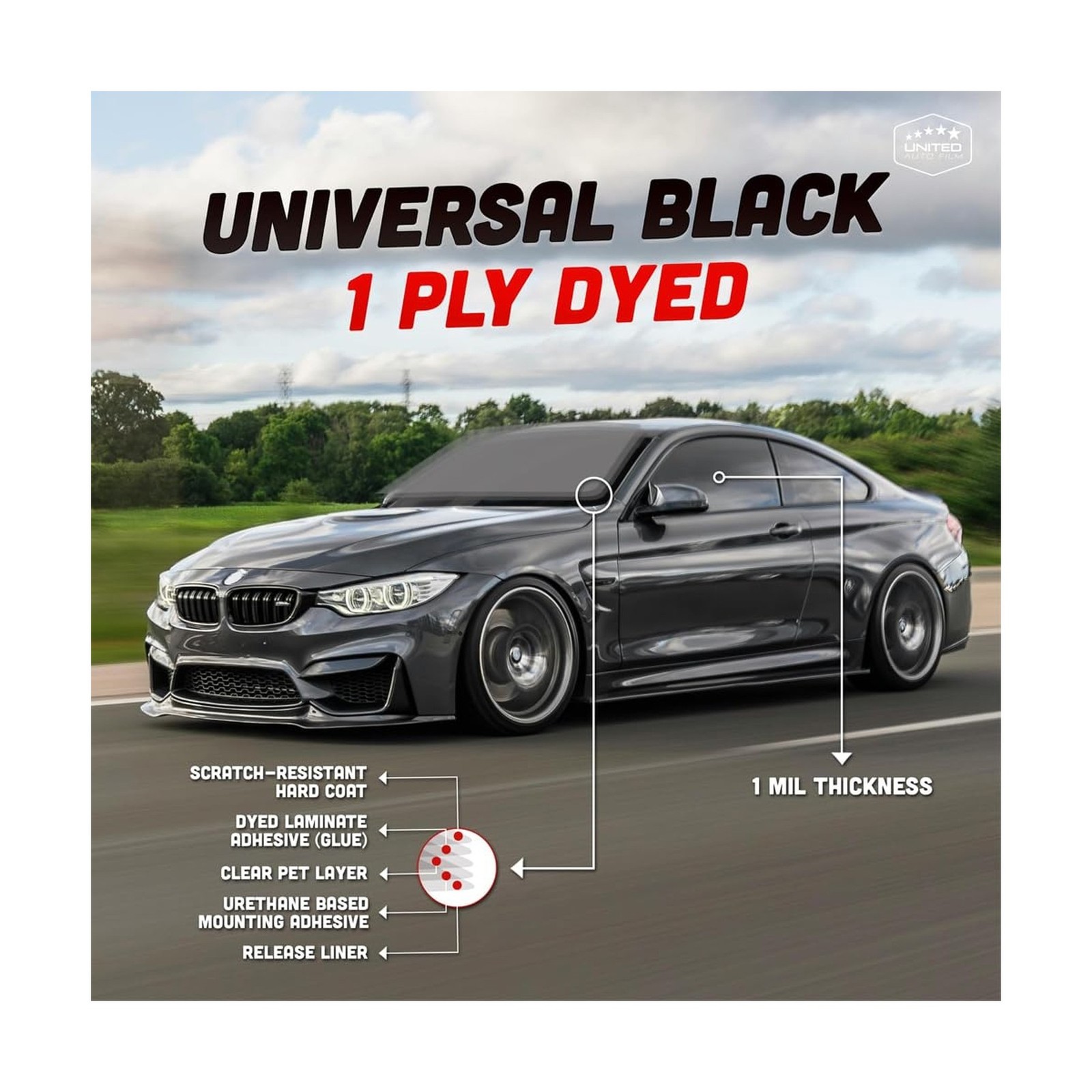 United Universal Black Window Tint Film 40″ x 100′ – 50% VLT 1Ply Dyed PET Ca…