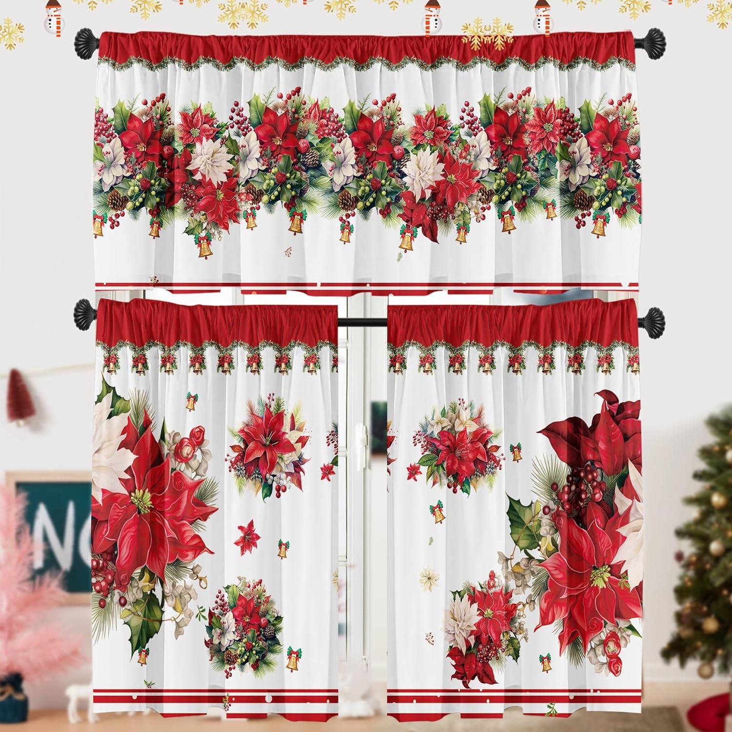 Christmas Poinsettia Curtain Valances 3 Piece Set Upper Curtain 52” Lx18”
