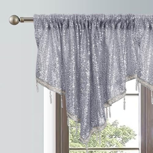 Silver Beaded Sequin Curtain Valances for Windows 51″W x 24″L (Pack of 1) Grey