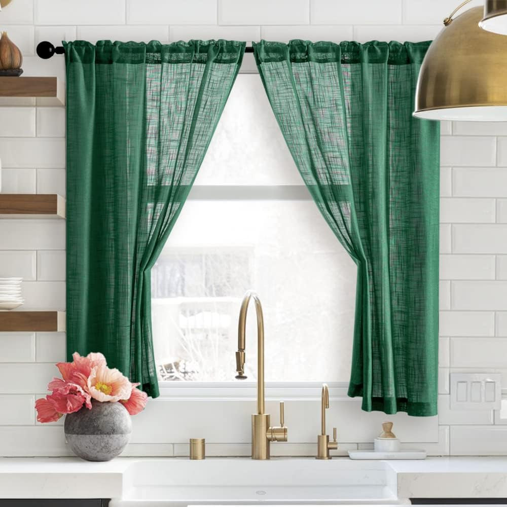 Bathroom Window Curtains, Airy Semi 36″W x 48″L (Pack of 2) Emerald Green