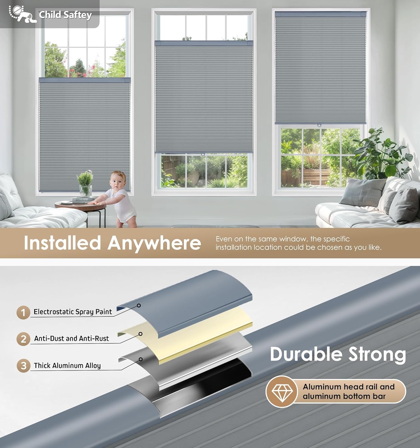 LazBlinds No-Drill Cordless Cellular Shade 52x64in Light Filtering Dark Grey