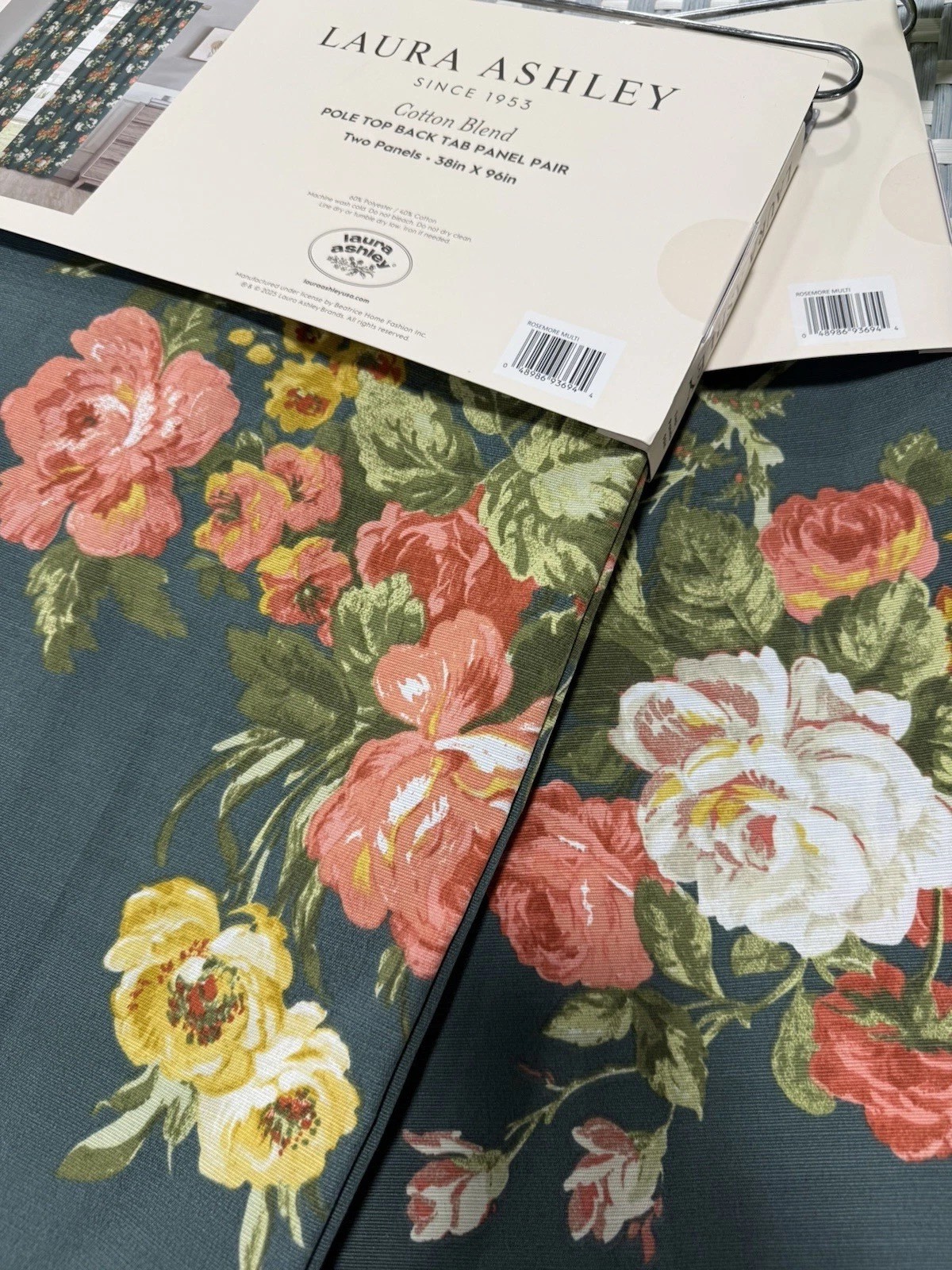 (2) Laura Ashley Rosemore Multi Floral Green Pole Top Back Tab Panel 96” New~