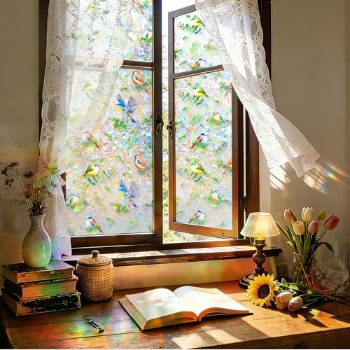 Stained Glass Privacy Window Film 3D Rainbow Bird 17.5″W x 78.7″H Bird Rainbow