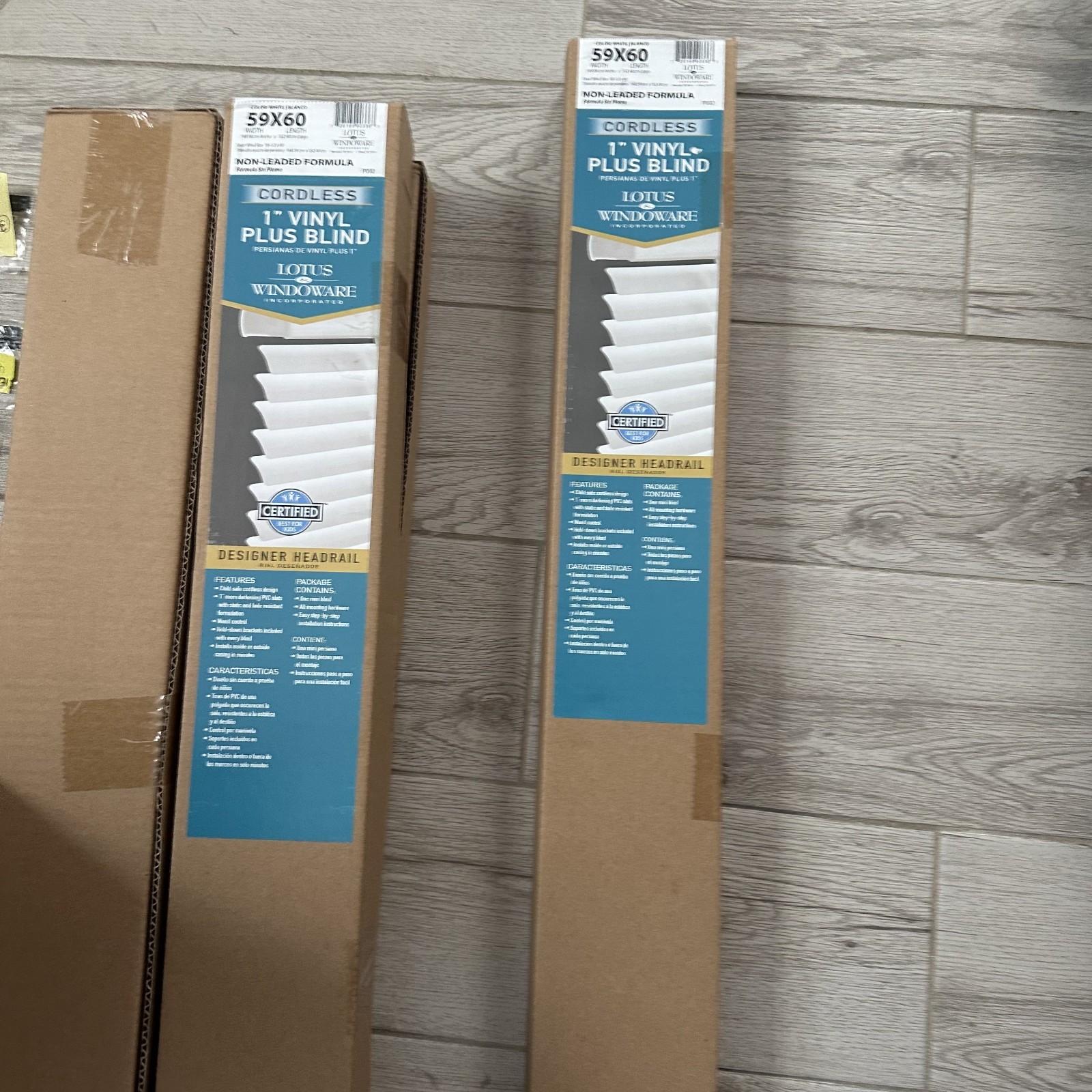 Lotus & Windoware 1″ Vinyl Plus blind white cordless 59″X60″ Non-Leaded Formula.