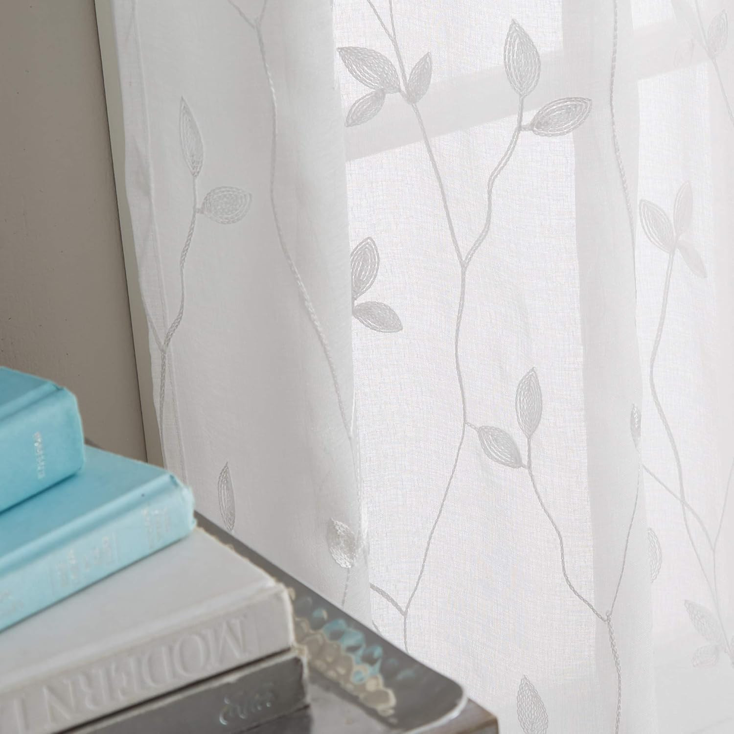 Botanical Embroidered Leaf White Sheer Window Curtains – 2 Panel Set – 37″ X 84″