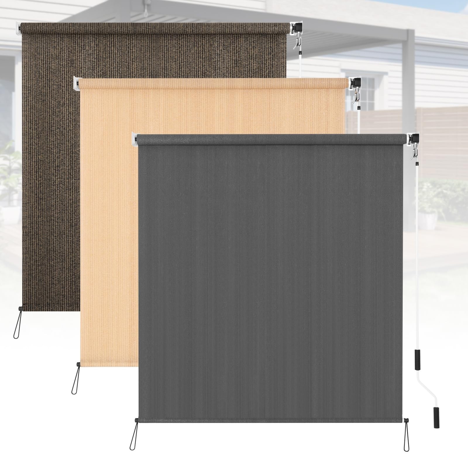 Outdoor Roller Shades 5′ W x 8′ L, Cordless Patio Sun Shade Blinds, 90% UV Prote