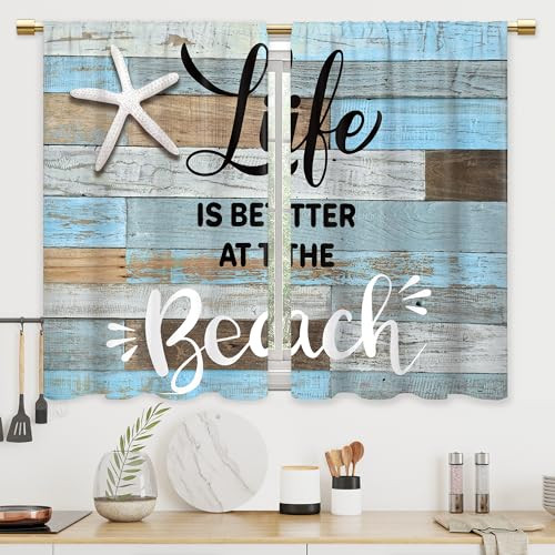 Beach Kitchen Curtains Nautical 27.5″W x 39″L (Pack of 2) N2 Wooden Beach
