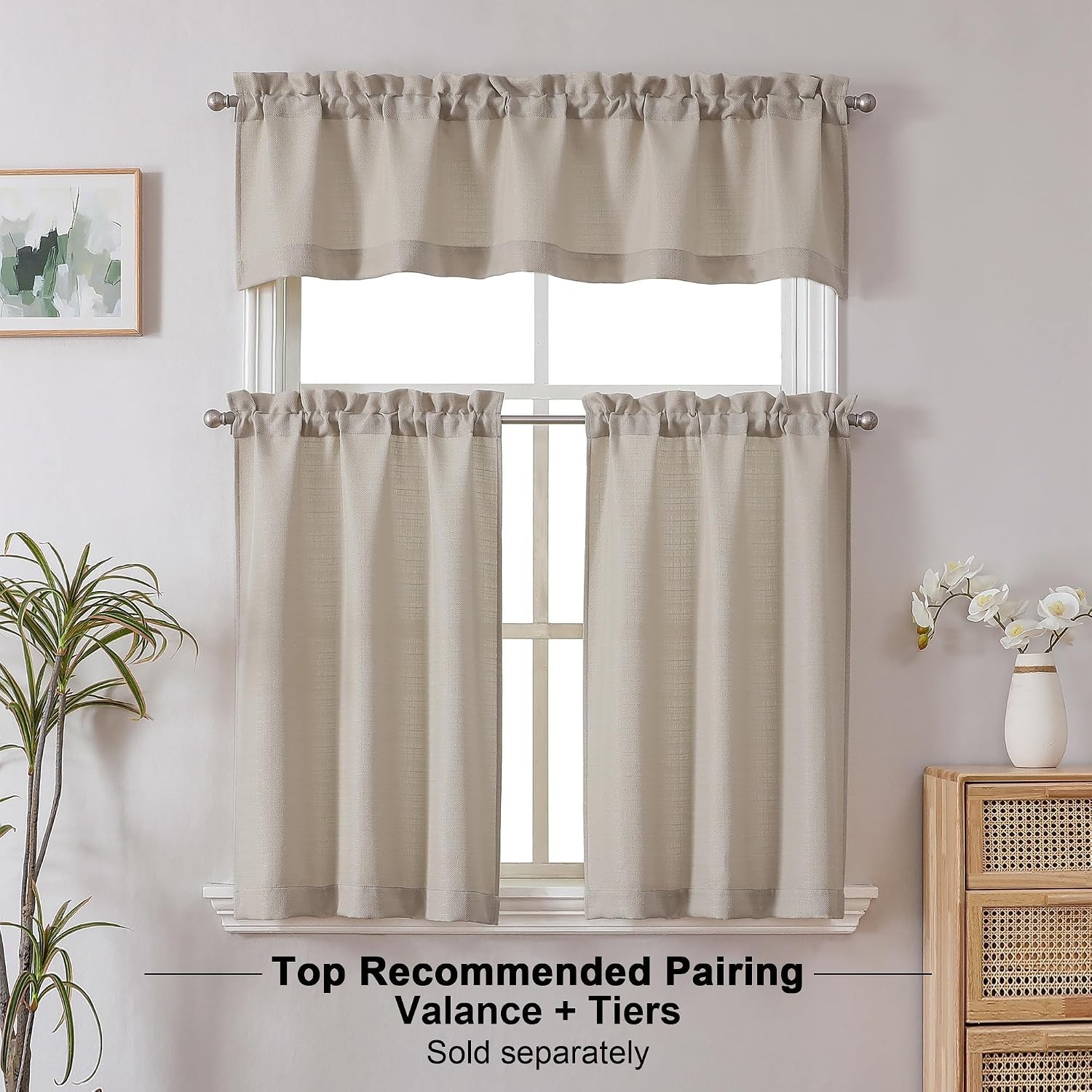 Moon Beige Valance for Windows, Light Filtering Faux Linen Textured Small Win…