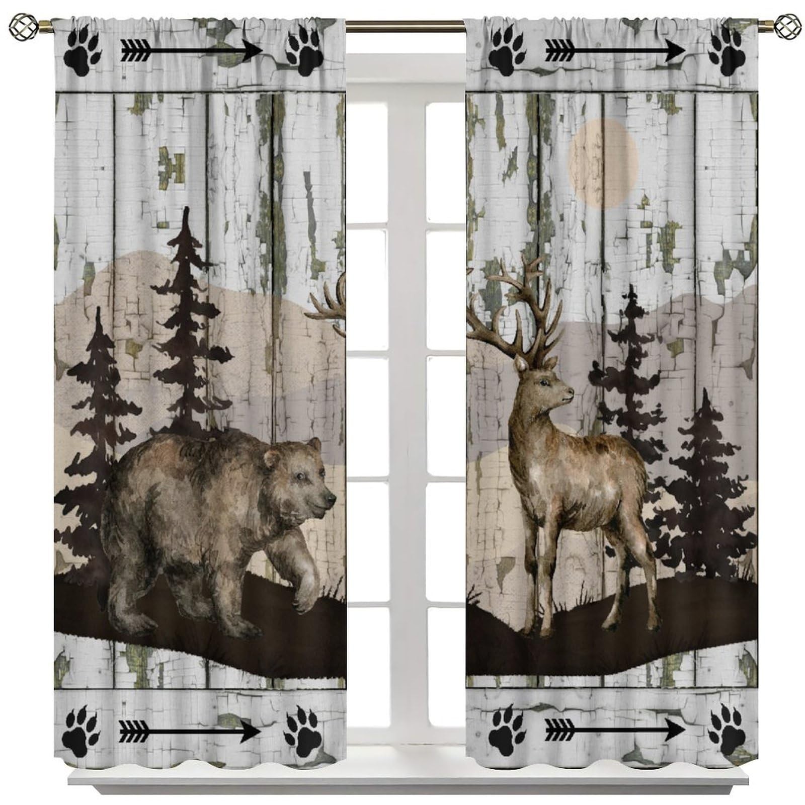 Wild Bear Deer Curtains, Rustic Cabin Country Farmhouse Wooden Barn Door Wild…