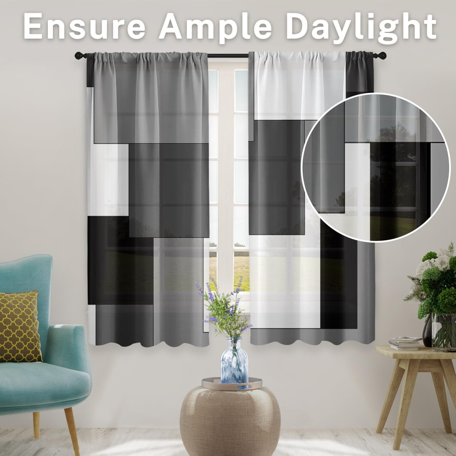 Modern Curtains 63 Inch Length, Abstract Design, 2 Panels