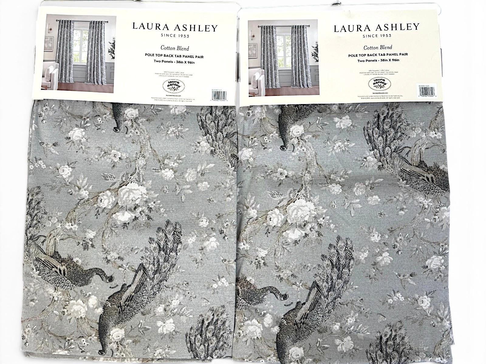 Laura Ashley set of 4 Cotton Blend Curtains 38×96 Gray Peacock Belvedere Floral