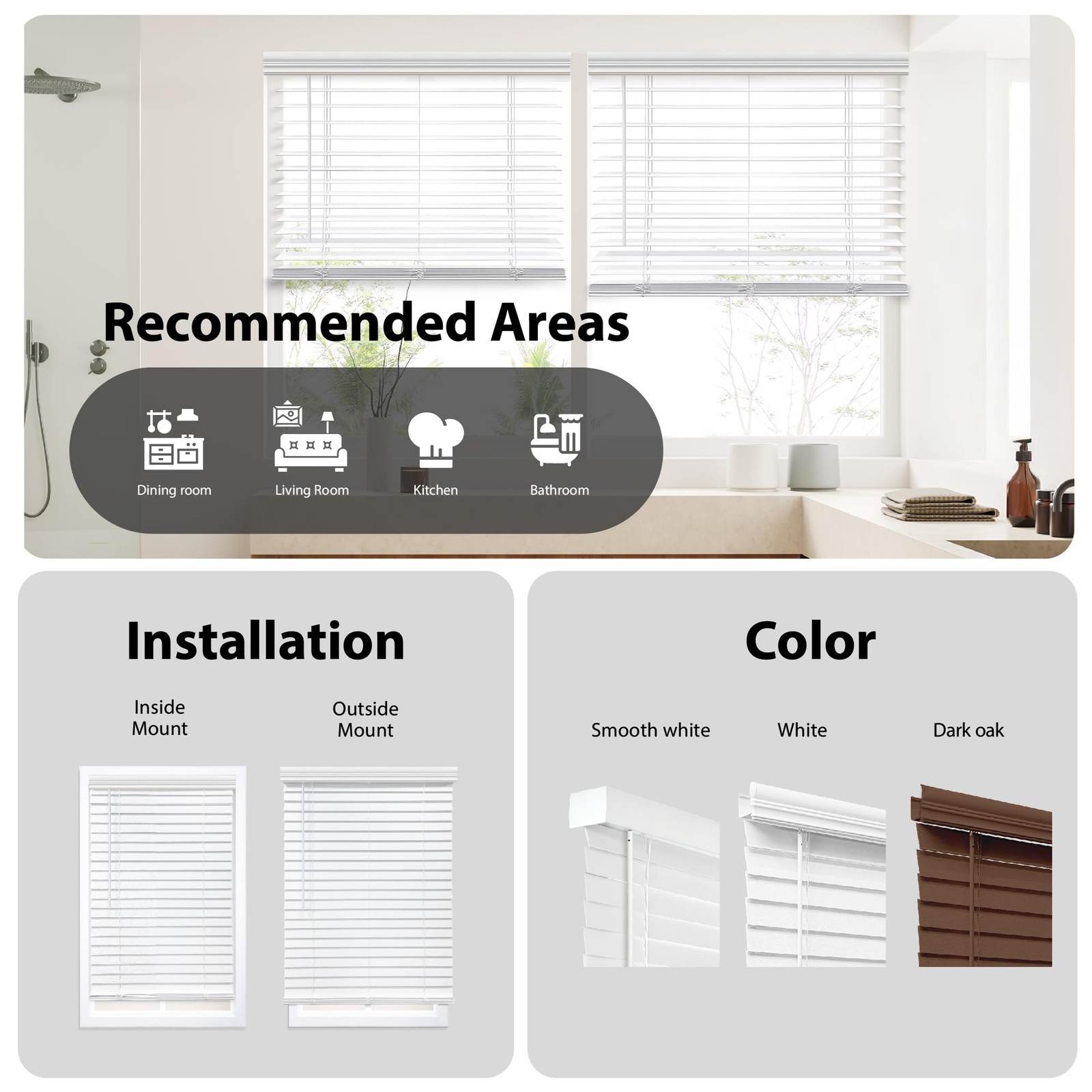 Cordless 2″ Faux Wood Blind, 48″ W x 72″ H, White