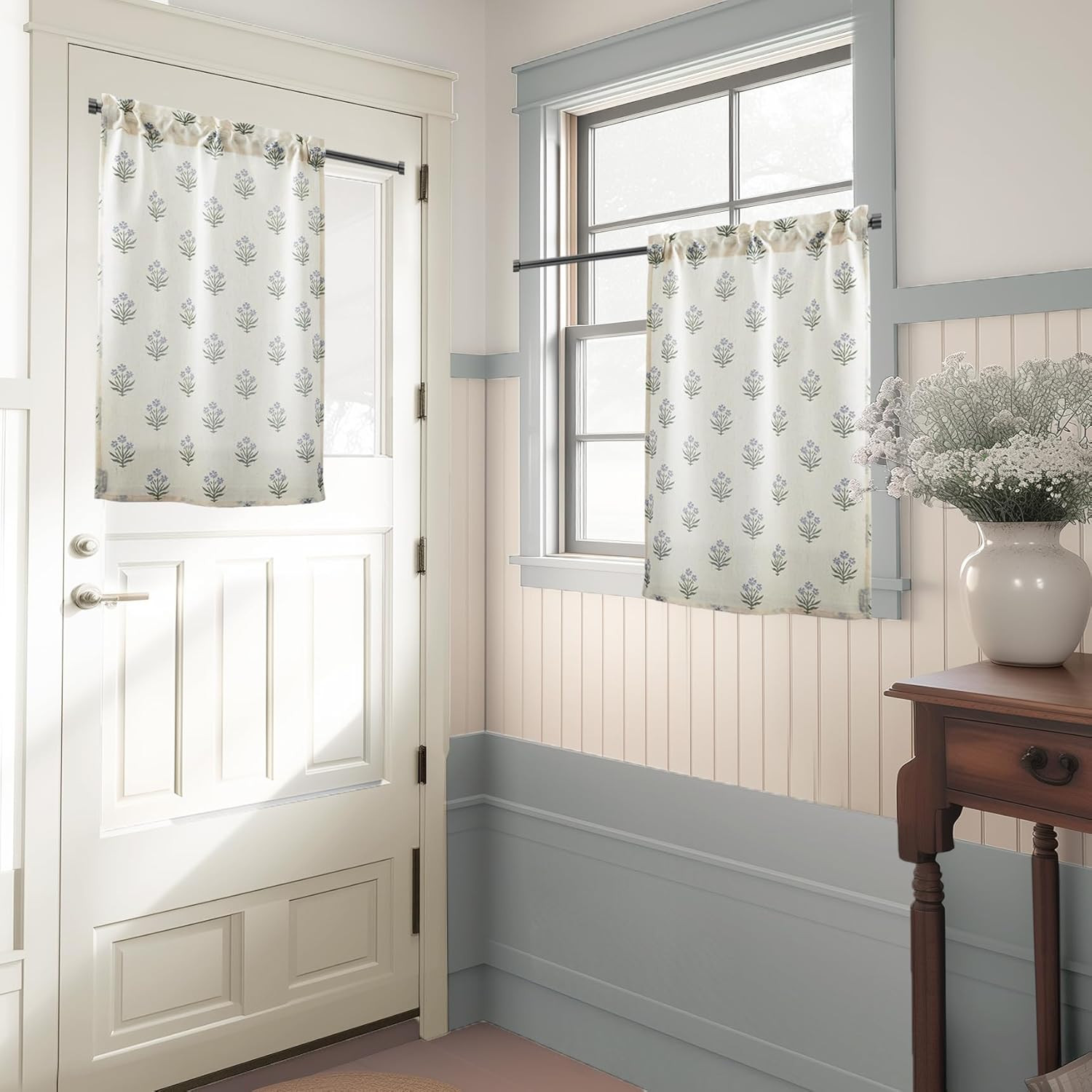 Short Door Curtains for Door Window,40 Inch Length Floral Patterned Linen Small