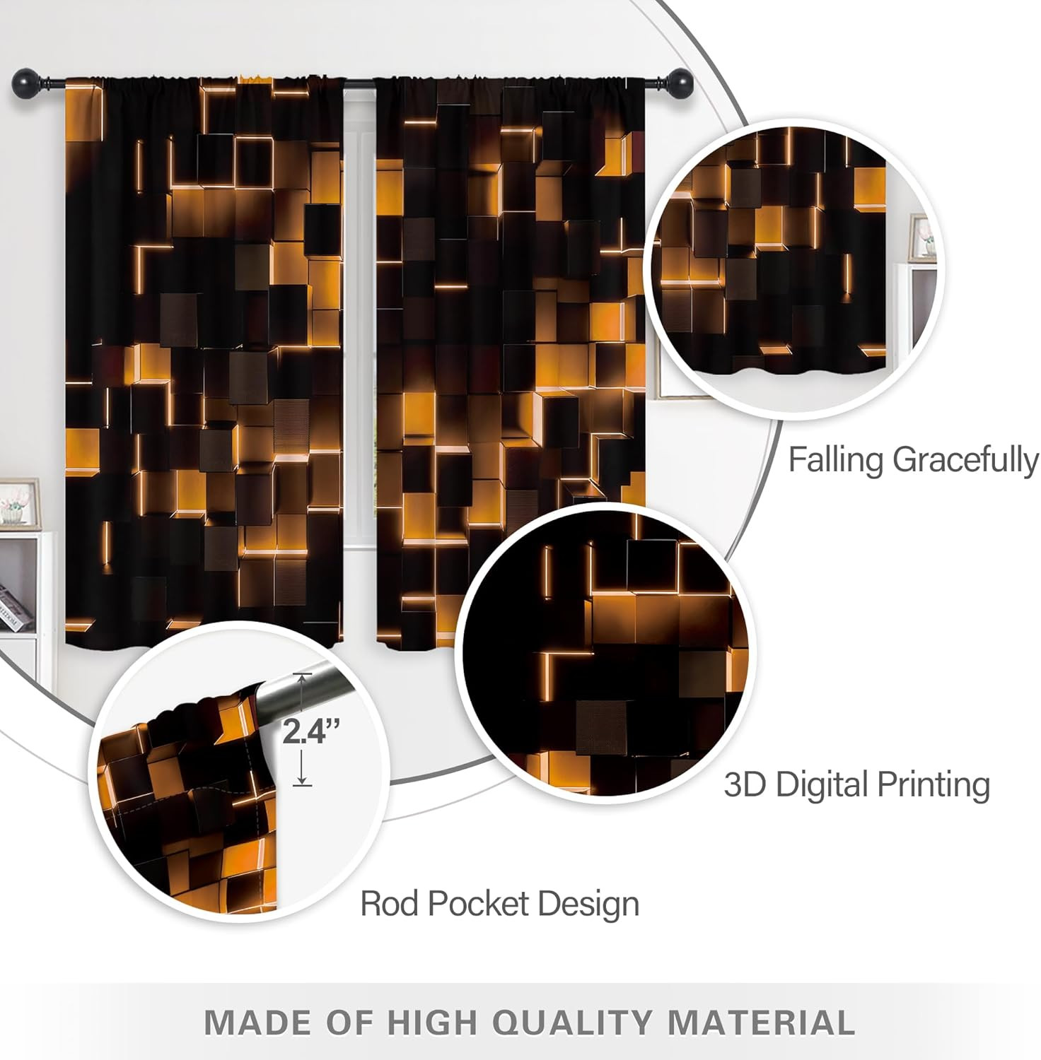 Black Burnt Orange Curtains Abstract 3D Brick Wall Cubes Geometric Cool Rod Poc