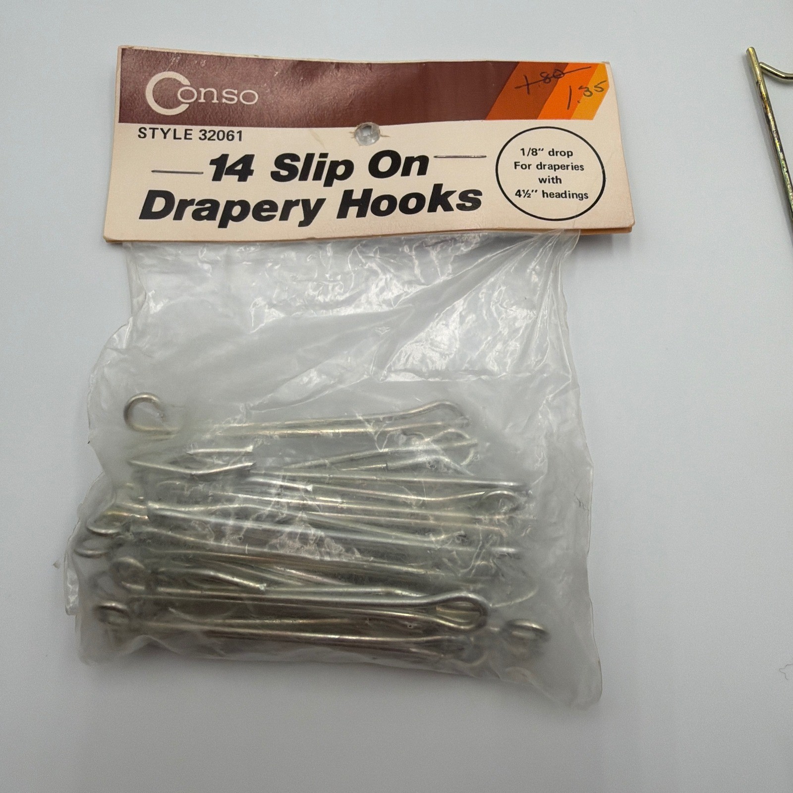Conso Slip On Drapery Hooks 14ct Silver Metal Vintage Style 32061 1/8 Drop 4.5″