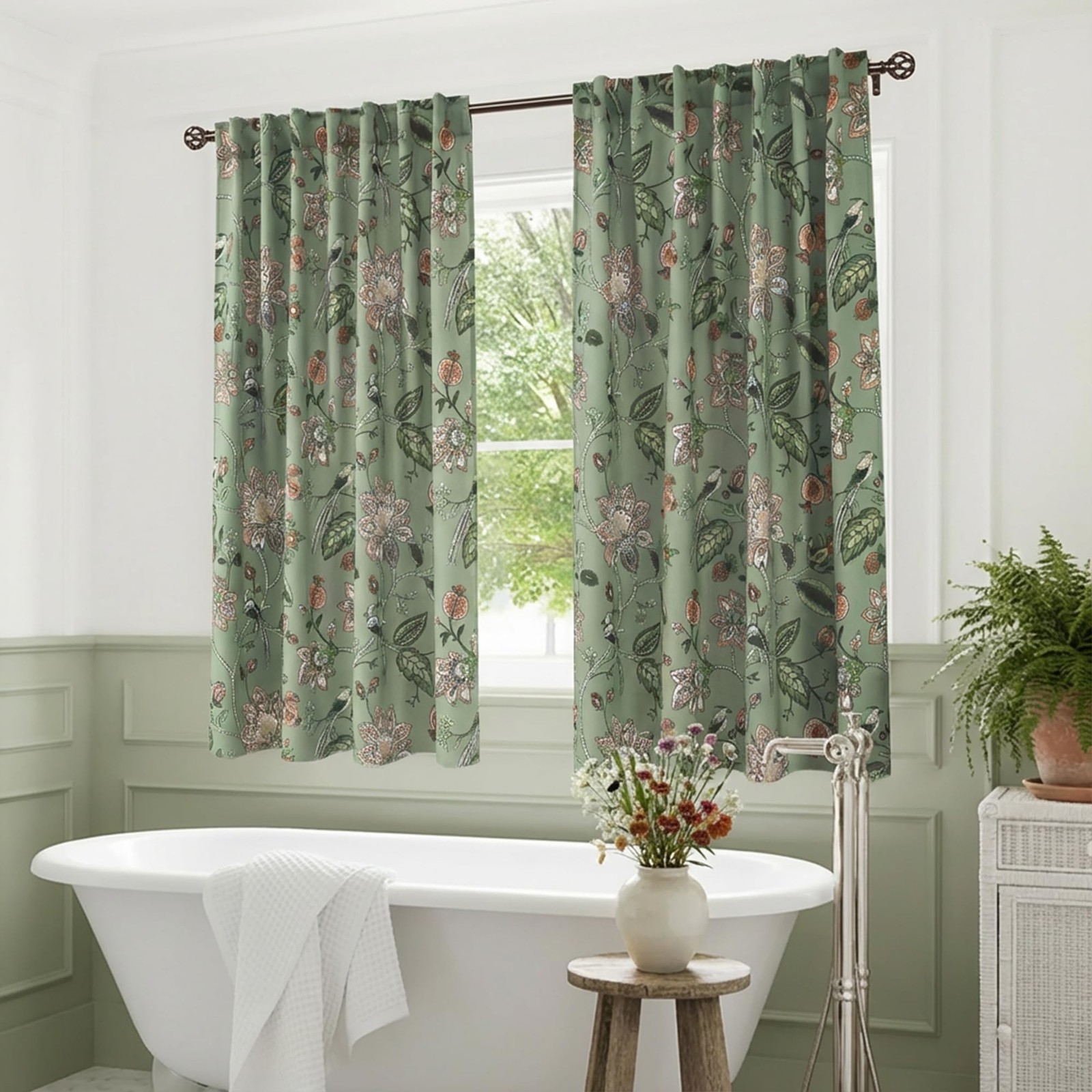 Lino Rosa Short Floral Patterned Blackout Curtains for Bedroom, Decorative Black