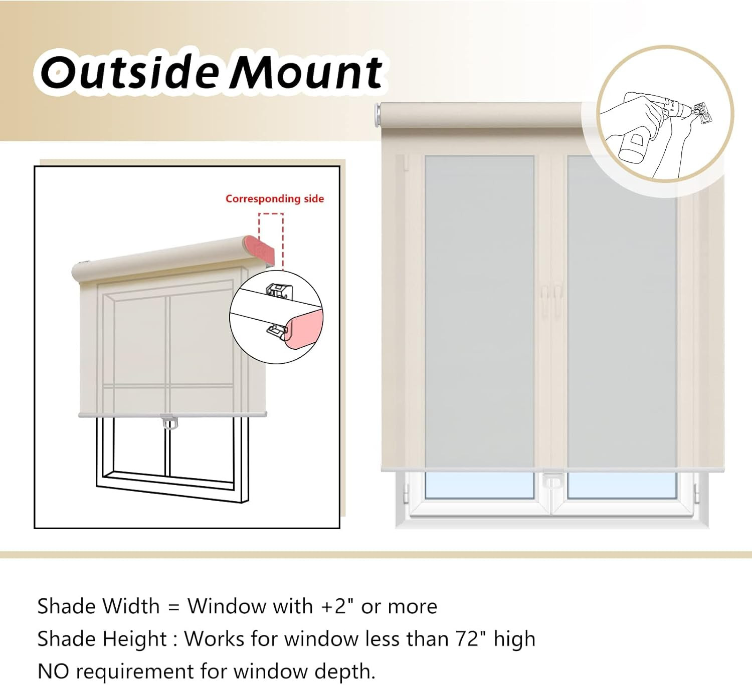 Cordless Light Filtering Roller Shades 46″ W X 72″ H Beige