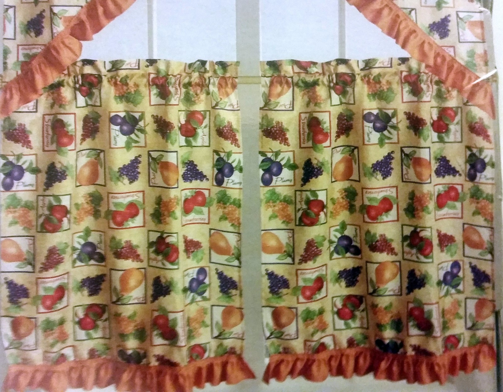 3pc Printed Kitchen Curtains Set:2 Tiers (30″x36″) & Swag (60″x36″)FRUITS BOX,LX