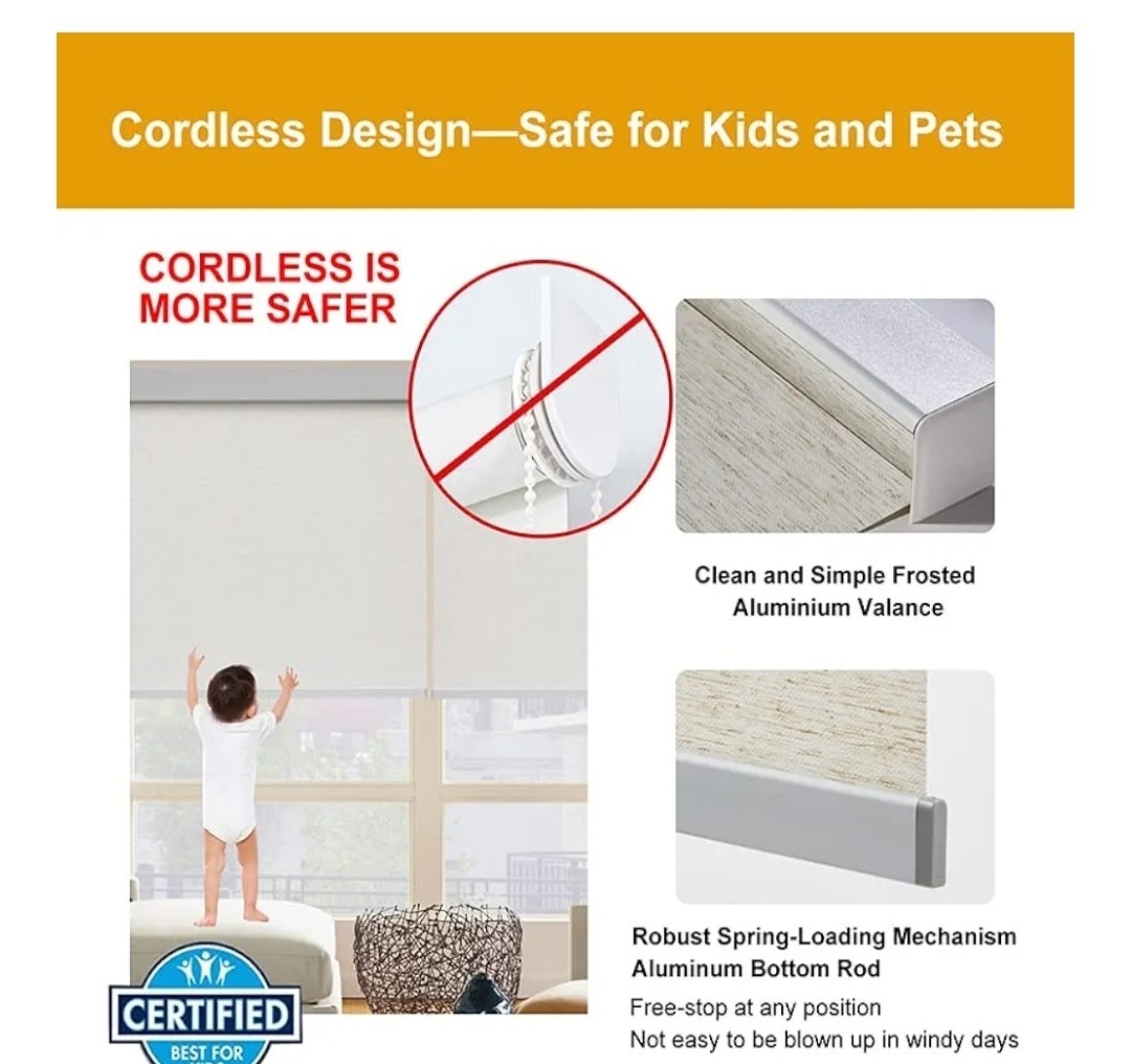Freestop Cordless Roller Shades For Windows, Cream, 24″w X 72″h Natural Woven