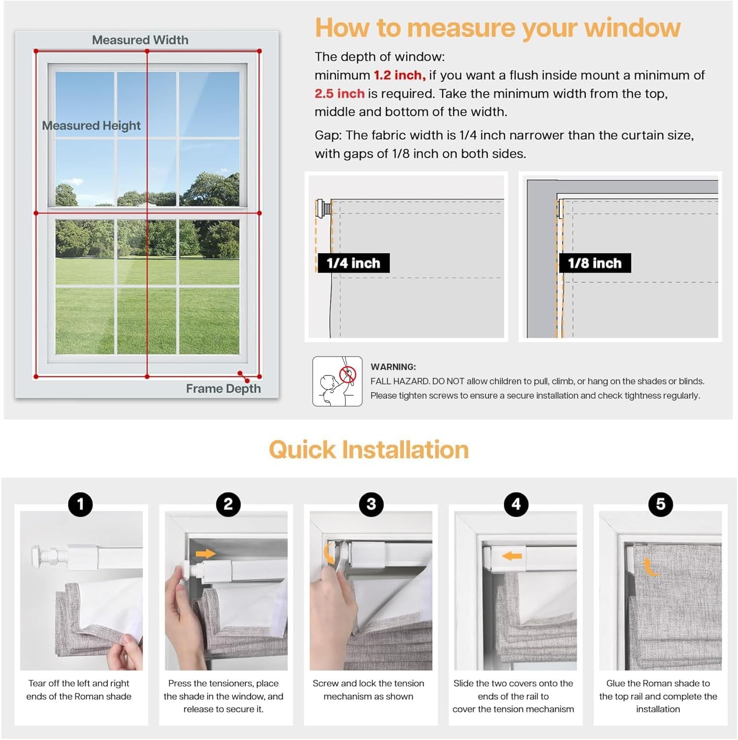 LazBlinds Cordless Roman Shades – No Drill Easy Install Window Blinds 34” X 64”