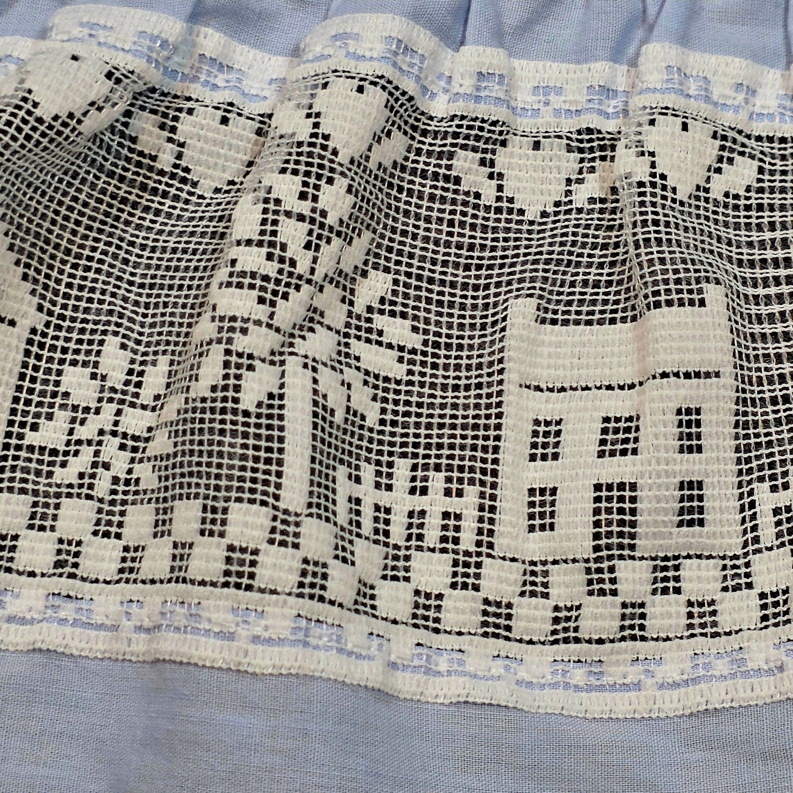 Vintage Blue White Village Scene Lace Ruffle Tier Curtains Set of 2 Valance USA
