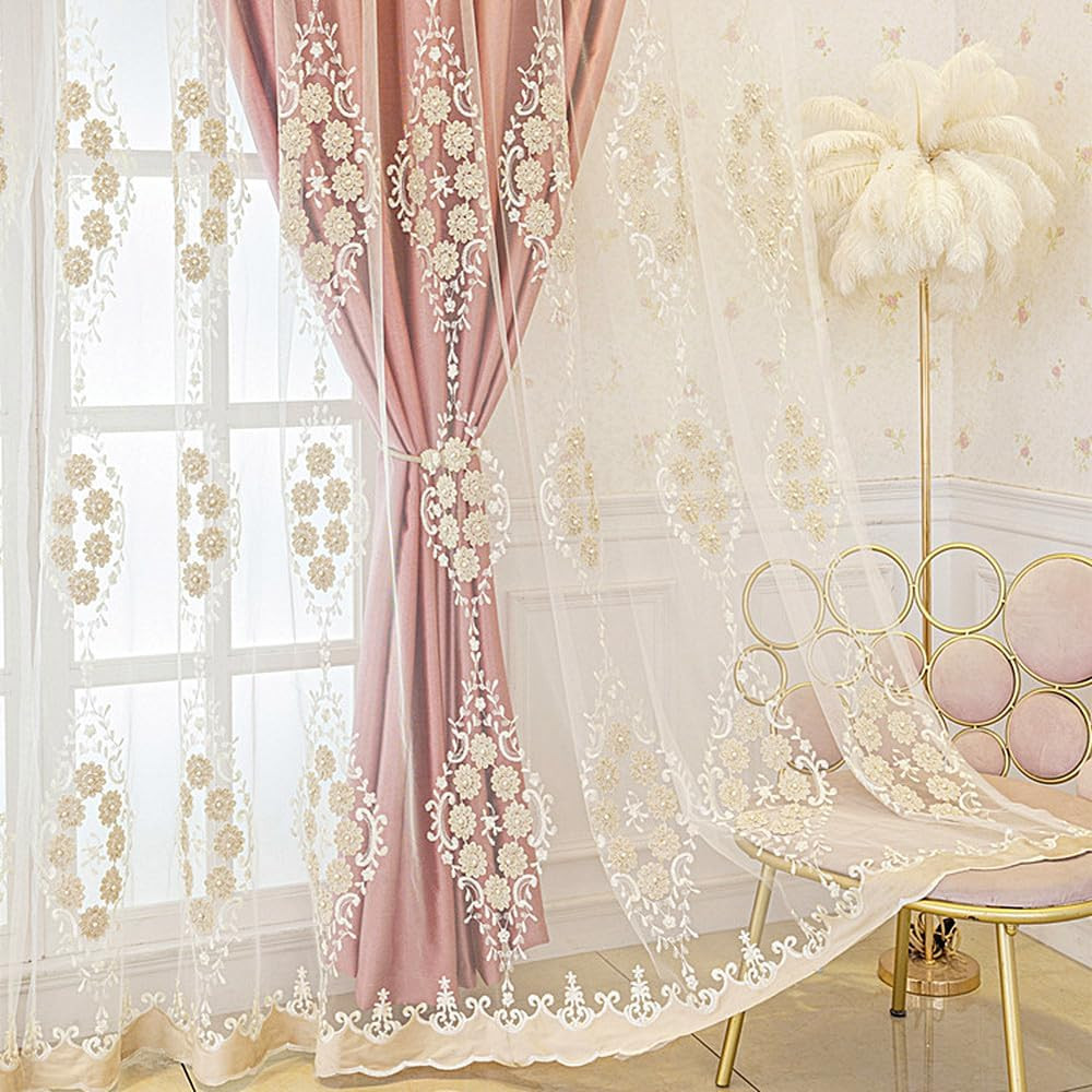 Elegant 3D Flower Embroidered Double Layer Curtains with Valance – Pink 51×96