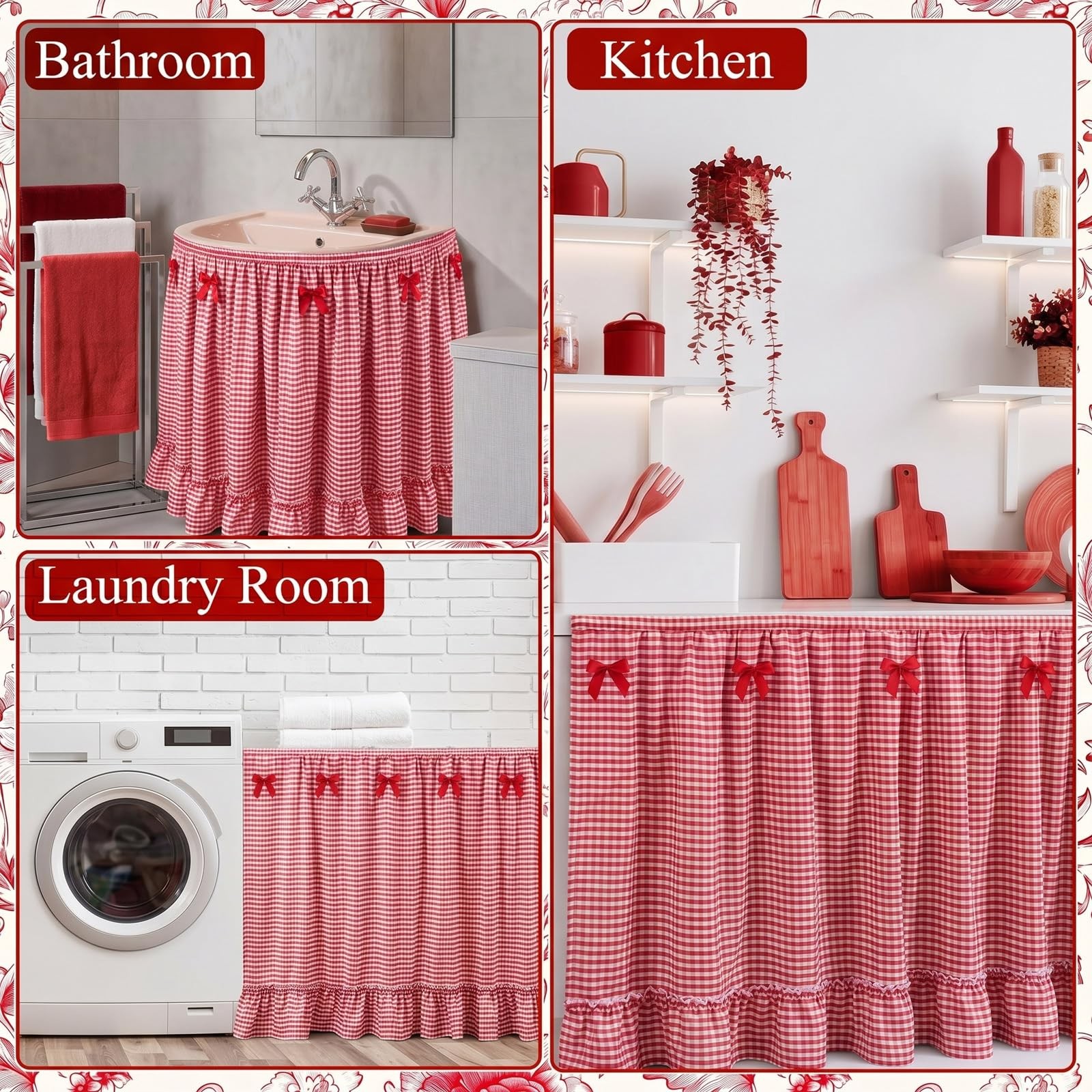 Red Gingham Sink Skirt for Bathroom 56″ x 28″ Ruffle Cabinet Curtain Red and …
