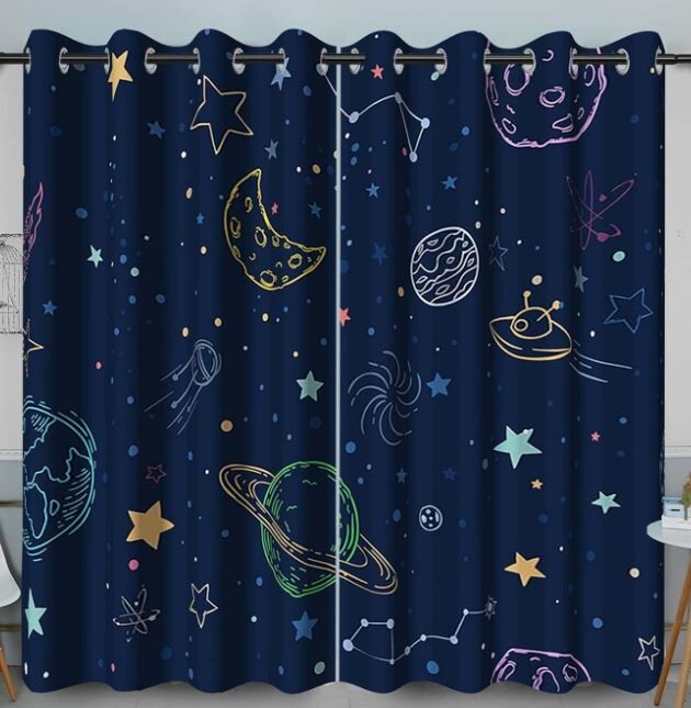 Navy Blue Space Curtains Stars Planets Galaxy Theme 38Wx45H