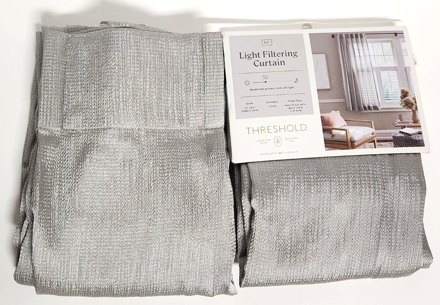 1 Pair 34 x 63 Threshold Light Filtering Pebble Satin Curtain Panels Grey