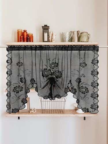 Semi-Sheer Floral Lace Curtain Swag for Kitchen 39″W x 39″L (Pack of 1) Black