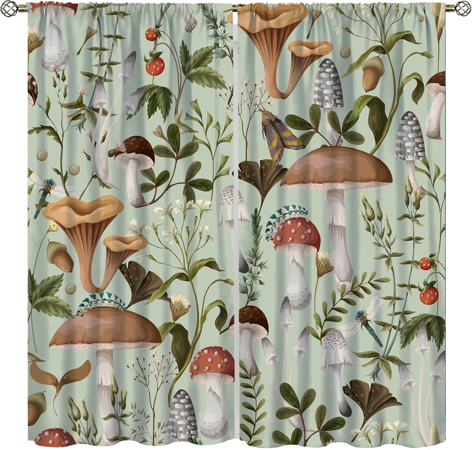 Mushroom Leaf Window Curtains, Nature Green Plant Retro Cartoon Pattern Printed