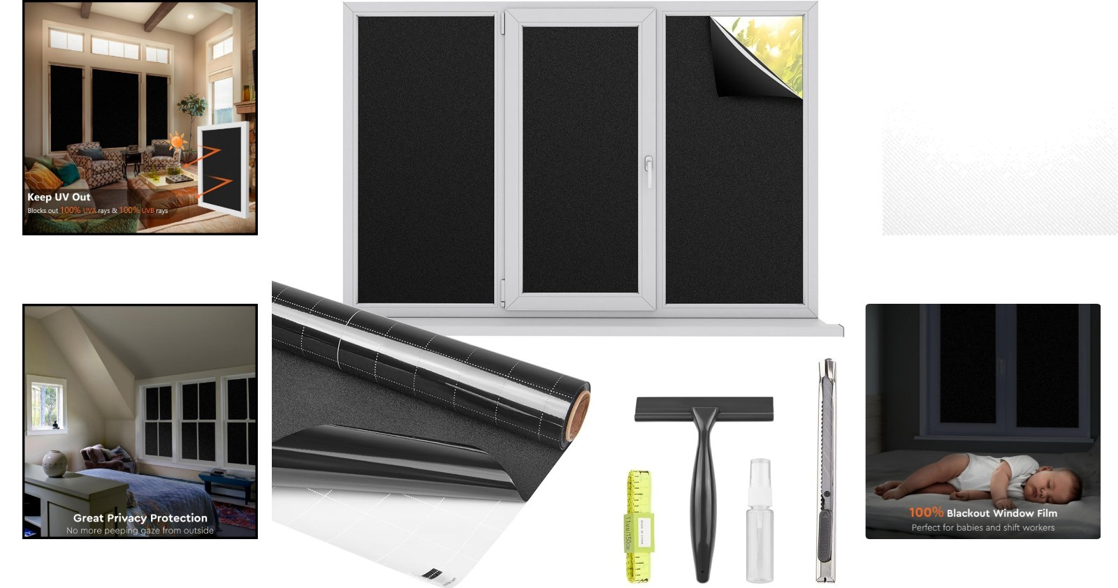 Window Privacy Film – 100% UV Block, Total Blackout Static Cling 17.5”x78.7”