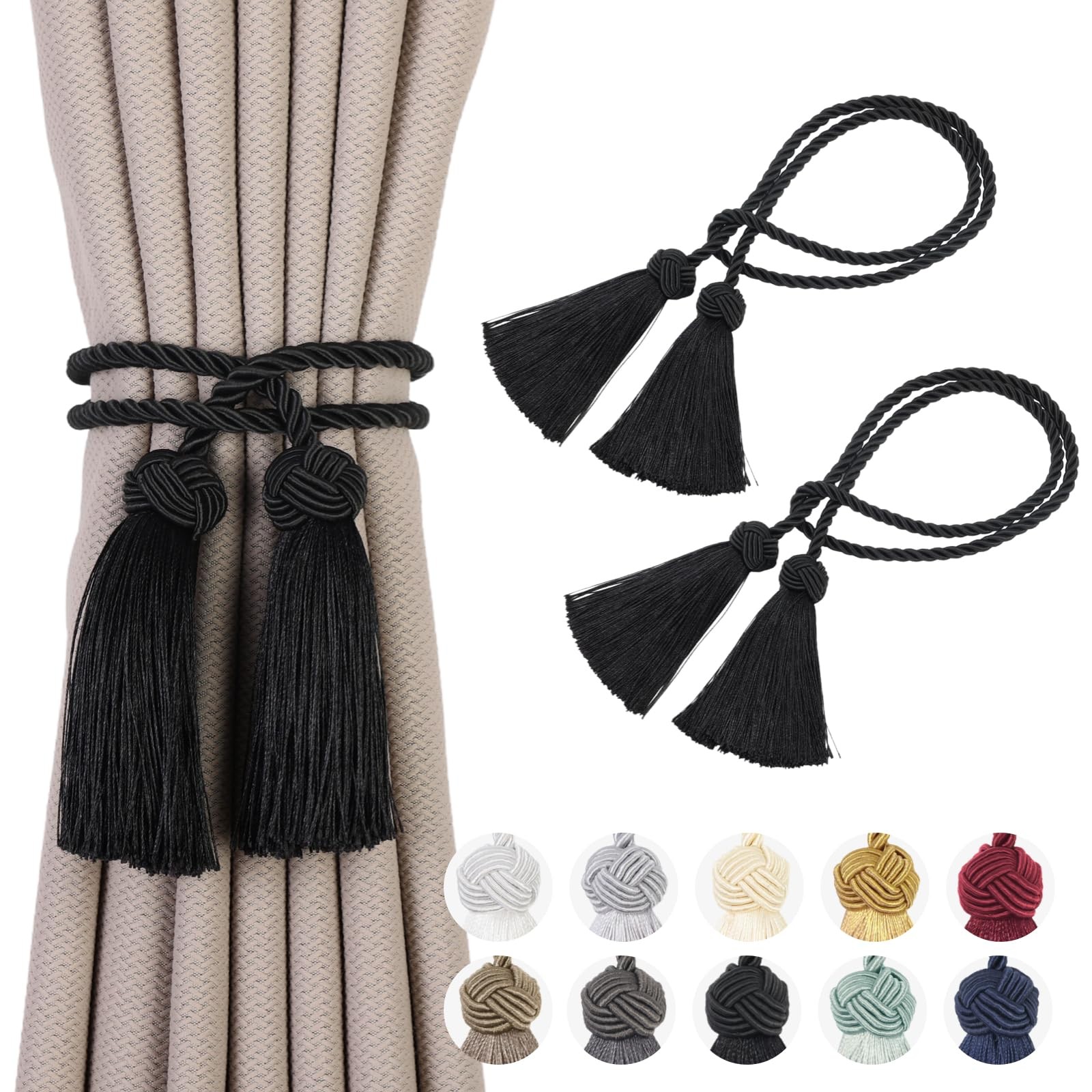 2 Pack Curtain Tiebacks Curtains Tie Back with Tassels- 2 Pack, Black