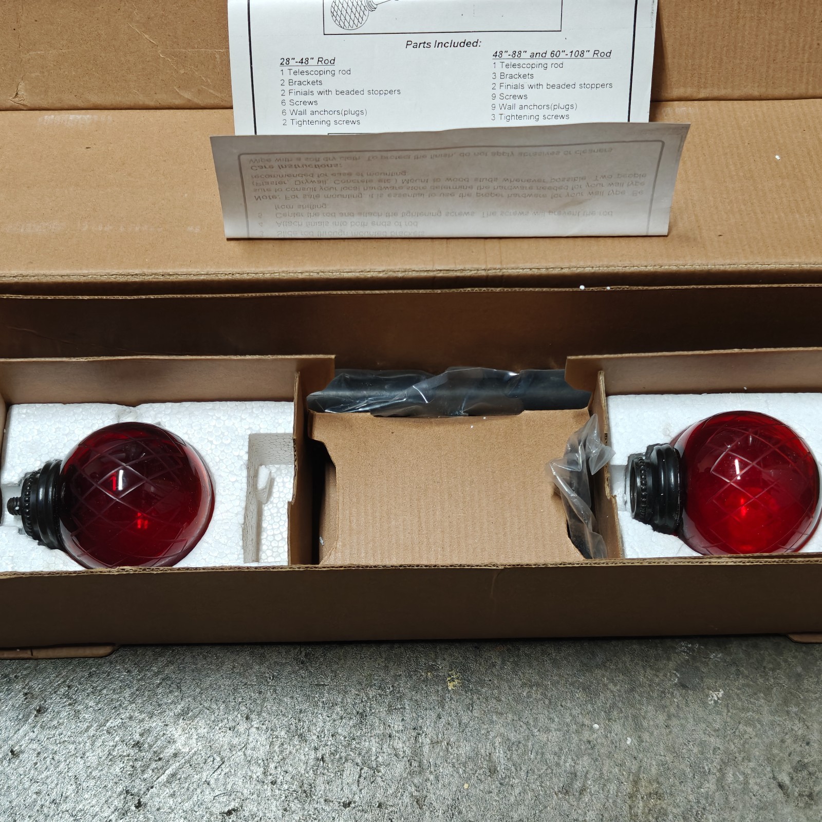 Pottery Barn 2 Red Etched Glass Globe finials + Curtain Drape Rod 48-88″