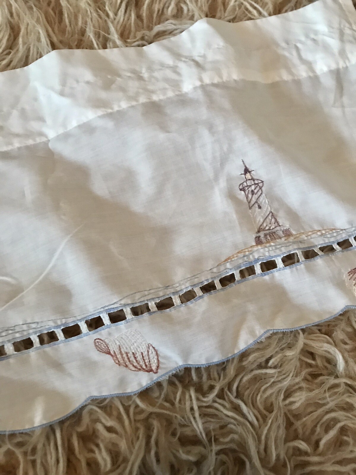 Lighthouse Nautical Valance white /blue embroidered 12”x 58” Seashore Scallop