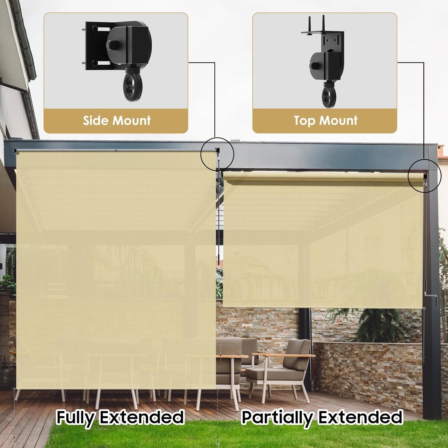 60″ W x 96″ L Roll Up Blinds – Patio Shades with Windproof Bungee tie, 90% UV