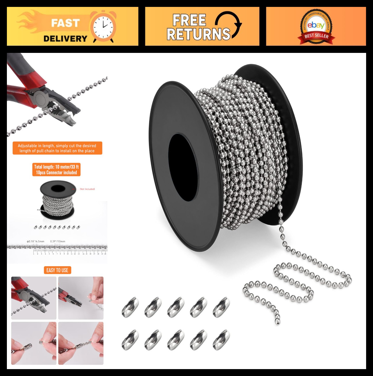 32ft 304 Stainless Steel Ball Chain for Blinds & Shades + 10 Connectors, DIY Fix