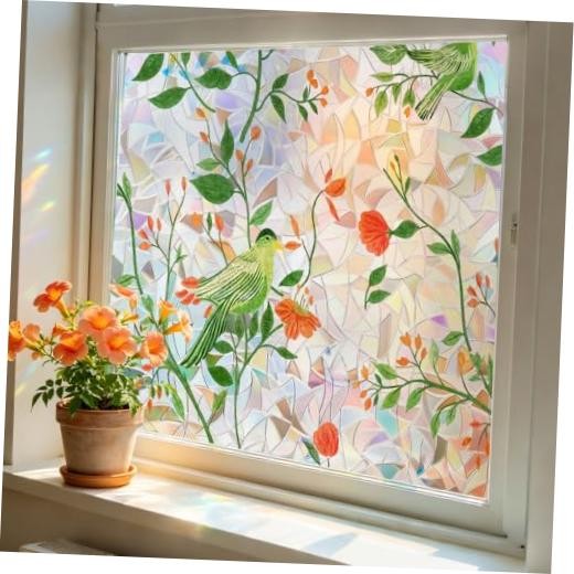 Rainbow Window Privacy Film, Heat & UV Blocking 17.5 x 78.7 Inch Green Bird