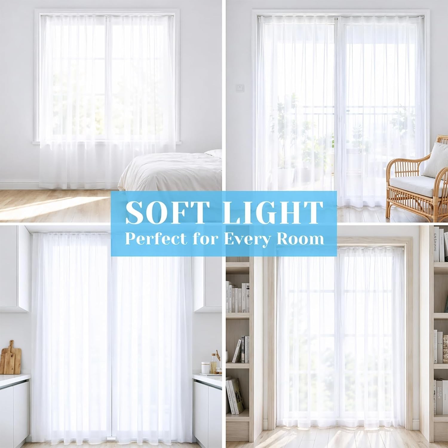 2 Panels Self-Adhesive White Sheer Curtain for Windows, 42″ W x 84″ L,No Dril…